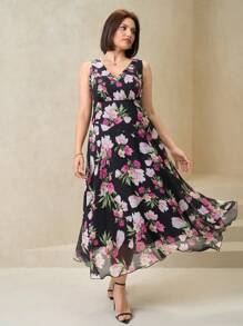 Chikora Spring Women's Black Base Red Chiffon Floral Print Sleeveless Plus Size Dress, Elegant Coat Beautiful Clothing Women Dresses Elegant Dresses Women Summer Dresses Women Summer Dresses Elegant Women Dresses Summer Dresses Plus Size Women Dresses Summer Elegant Women Dresses Holiday Dresses