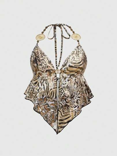 Top a canotta con stampa leopardata e triangolo rovesciato dorato, stile Y2K hippie, taglie comode