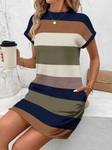 SHEIN LUNE 女士度假休闲撞色条纹蝙蝠袖连衣裙 - 彩色 - 查看 5