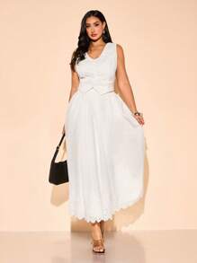 SHEIN BAE Plus Size Women Embroidered Jacquard Sleeveless Top/Vest And Long Flared Skirt Set, Elegant Sexy Outfit For Going Out, Summer,Spring Break Outfits,Easter Dress Women,Festival,Concert Outfit Women,Cropped Plus,Summer Coordinates For Women,Summer Sets,Conjuntos Elegantes