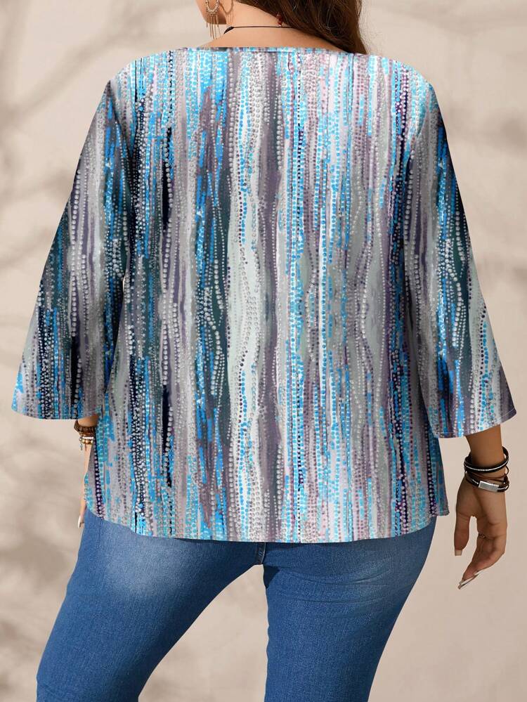 Plus Size Women Polka Dot & Stripe Textured Casual All-Over Print Loose Fit 3/4 Sleeve Shirt