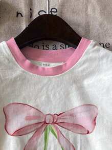 SHEIN Cute And Sweet Bow Cherry Print, Pink, Tween Girl Casual Simple Short-Sleeved Round Neck T-Shirt Suitable For Summer