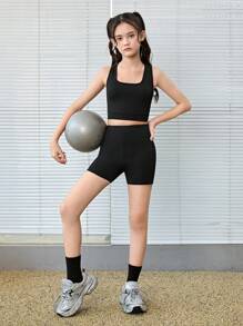 SHEIN Tween Girls' Solid Color Hollow Back Ribbed Camisole And Biker Shorts Sports Set, Suitable For Yoga, Sports Day, Back To School