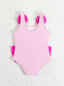 女婴花朵和火烈鸟印花荷叶边连体泳衣