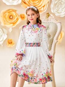 SHEIN Leap Crew 少女花卉印花灯笼袖上衣和裙子 - 彩色 - 查看 3