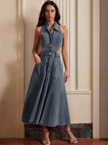 Anewsta Váy denim du lịch gợi cảm không tay, Old Money, Mùa hè - Màu xanh lam - Xem 1