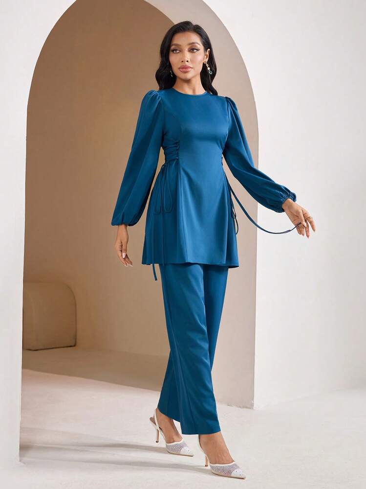 Veilorie Women Arabic Style Casual Outfit - Simple & Fashionable Top And Pants Set, Suitable For Daily Wear,Modest - Teal Blue - View 4