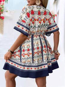 Rometta Vestido de manga abullonada con cuello en V y cintura ceñida con estampado floral retro, para moda de primavera y verano - Multicolor - Ver 2