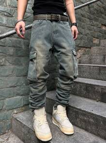 Manfinity EMRG Men's Washed & Distressed Denim Cargo Pants Going Out Hang Out Party Street Work - Light Wash - View 7