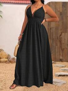 Sunserae Vestido de talla grande de verano con cuello en V profundo, espalda cruzada, cinturón texturizado para la cintura, ideal para la playa y vacaciones - Negro - Ver 3