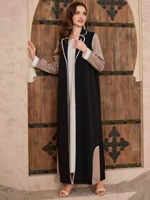 Al Najma Unique Striped Patchwork Collar Cover Up Abayas