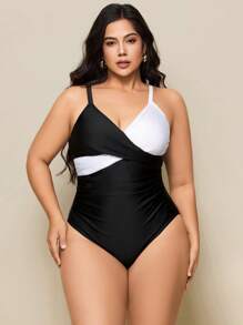 SHEIN Swim Curve Traje de baño de una pieza talla grande, diseño minimalista de bloques de color, adecuado para uso diario, verano, playa, vacaciones para mujeres - Blanco y Negro - Ver 1