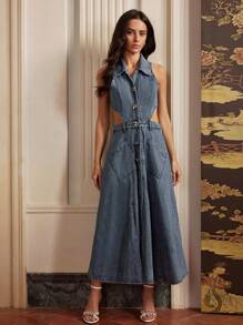 Anewsta Váy denim du lịch gợi cảm không tay, Old Money, Mùa hè - Màu xanh lam - Xem 6