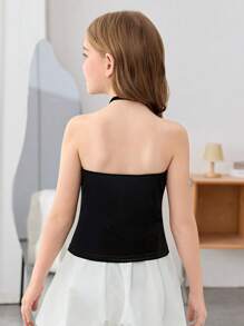 SHEIN 青少年女孩黑色针织水钻蝴蝶结装饰开衩露背时尚背心，适合 Y2K、返校季、母子装 - 黑色 - 查看 4