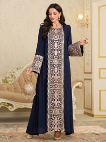 Al Najma Front Split-Sleeve Sequins Colorful Trim Big Hem Arabic Style Dress, Spring/Summer,Modest