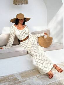 EURMUSE 度假 V 领镂空钩针喇叭袖超长针织罩衫