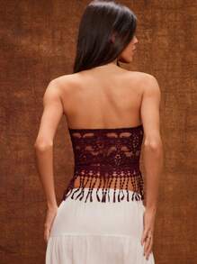 WESTFADE 夏季蕾丝半透明西部流苏露肩节日抹胸纳什维尔风格 - 棕色 - 查看 7