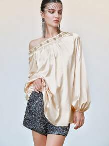 SHEIN LUNE High-End Asymmetrical Shoulder Embellished Long Sleeve Shirt Fall Cloth For Women - Apricot - View 3