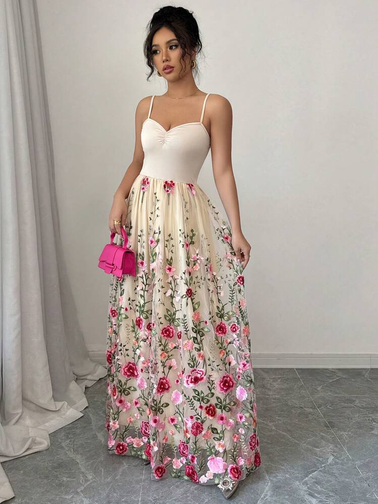 Elenzga Women's Floral Embroidery Mesh Patchwork Elegant Maxi Slip Dress |  SHEIN USA