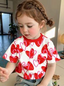 SHEIN Süßer und niedlicher Liebes-Muster, einfaches kurz-ärmeliges Rundhals-Top für Baby Mädchen, ideal für den Sommer