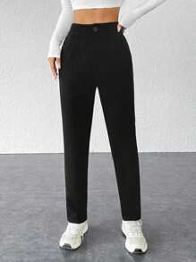 SHEIN PETITE CURVE Plus Size Women's Solid Color Tight Casual Versatile Trousers