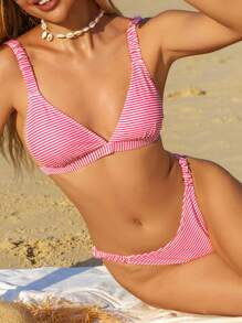 Swim Vcay Women's Two-Piece Swimwear Red And White Stripe,Summer,Casual,Beach,Vacation,Holiday Strap Top And Side Pleated Swim Bottom Striped Summer Outfits - Pink - View 3