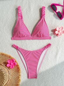 Swim Vcay Women's Two-Piece Swimwear Red And White Stripe,Summer,Casual,Beach,Vacation,Holiday Strap Top And Side Pleated Swim Bottom Striped Summer Outfits - Pink - View 6