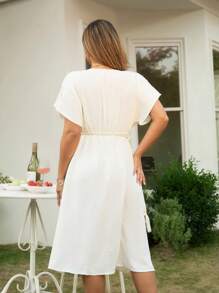 KURAYIA Plus Size Deep V-Neck Knitted Short Sleeve Midi Casual Summer Dress - Apricot - View 2