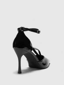 CUCCOO BIZCHIC Women's Pointed Toe Multi-Strap V-Design Slim High Heel Pumps, Elegant Solid Color Black Mirror Patent PU Leather Office Dress Shoes - Black - View 5