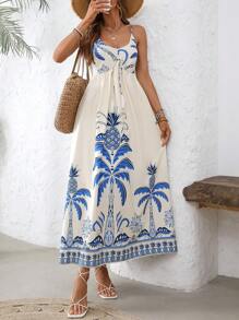 热带印花抽绳腰部超长吊带连衣裙 - 杏色 - 查看 3