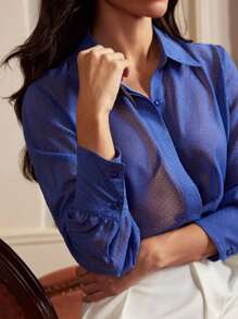 Anewsta Elaire Lightweight Luxury Glittery Chiffon Blue Long Sleeve Casual Sheer Women Blouse, Business Casual, Elegant, Spring