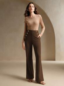 Anewsta 都市深咖啡色金属扣装饰弹力修身喇叭裤百搭显瘦 - 咖啡棕 - 查看 3