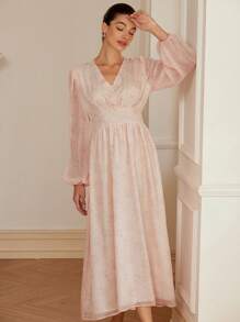 GENKIRA Jacquard Lantern Sleeve Overlap Collar Dress Elegant FashionableOld Money Style For Spring Fall - Multicolor - View 3
