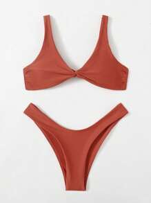 Swim Chiccia Summer Beach Twist Front Top & High Cut Swim Bottom Bikini Set Bathing Suit - Rust Brown - View 6