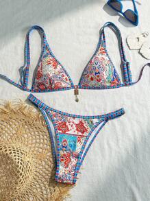 2pcs Women Bohemian Beach Outfits, Halter Top And Bikini Bottom Swimwear Bikini Set, Summer Vacation - Multicolor - View 5