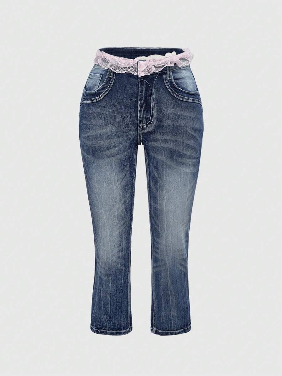 ROMWE J-Fashion Celana Jeans Wanita Model Crop Top Model Y2K dengan Hiasan Renda dan Ruffle, Potongan Pas Badan dan Model Mengembang, Panjang 3/4. - Biru - View 1