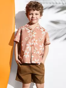 SHEIN Set maglietta e pantaloni per ragazzi giovani, stile semplice e alla moda, adatto per uso casual quotidiano - Castano - Visualizzare 1