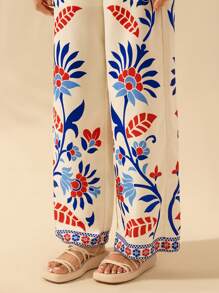 CAJUNI 女士米色热带花卉印花休闲宽松裤，夏季