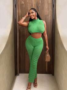 BamGleam A Two-Piece Green Semi Transparent Women's Sweater Set, A Casual And Sexy Spring And Summer Women's Clothing That Meets Basic Travel Needs - Green - View 4