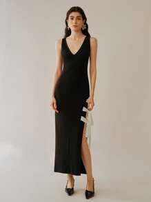 Uhlyne Ärmeloses elegantes sexy Bindeknoten Farbblock Maxikleid aus Strick für Damen