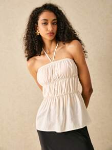 Poéselle 女式露背系带简约休闲迷你上衣 - 杏色 - 查看 1