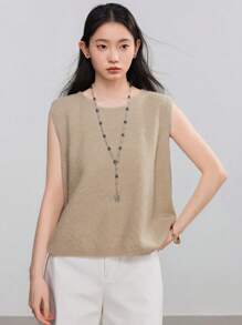 Dazy-Less Solid Simple Casual Sweater Vest Business Casual Woman Work Clothes - Khaki - View 8