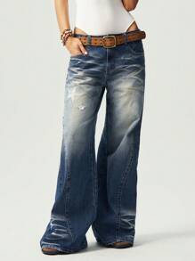 Bohemela BOHO Woven Plain Flared Denim Washed Trousers - Blue - View 3