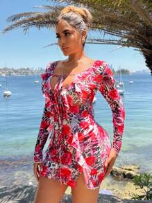 SHEIN SXY Summer/Beach;Sexy, Elegant, Romantic Sheer Large Floral All-Over Print Mini Dress With Hollow Front, Long Balloon Sleeves, Ruffle Hem Slit Net Overlay Dress For Date, Casual, Valentine's Day, Night Out, Birthday, Party, Clubbing, Island Vacation, Holiday - Multicolor - View 3