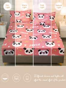 3pcs Pink Cute Panda & Bamboo Pattern Bedding Set (1pc Fitted Sheet + 2pcs Pillowcases, Without Comforter Insert), Modern Adorable Design, Soft & Skin-Friendly, Polyester, Breathable For All Seasons, Home Decor - Multicolor - View 5