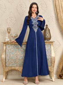 Al Najma V-Neck Jeweled Embroidered Flared Sleeve Swing Arabian Dress - Blue - View 3