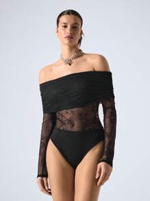 LYSMO 女式蕾丝拼接弹力紧身衣 - 黑色 - 查看 6