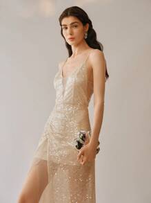 Uhlyne Women's Deep V-Neck Sequin Cami Backless Split Hem Elegant Dress