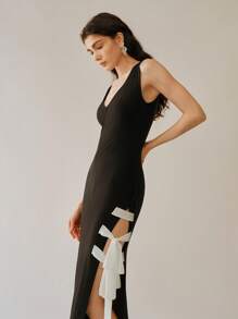 Uhlyne Ärmeloses elegantes sexy Bindeknoten Farbblock Maxikleid aus Strick für Damen