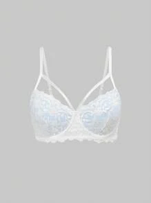 ROMWE Kawaii Plus Size Sweetheart Contrast Lace Underwire Lingerie Bra - Multicolor - View 1